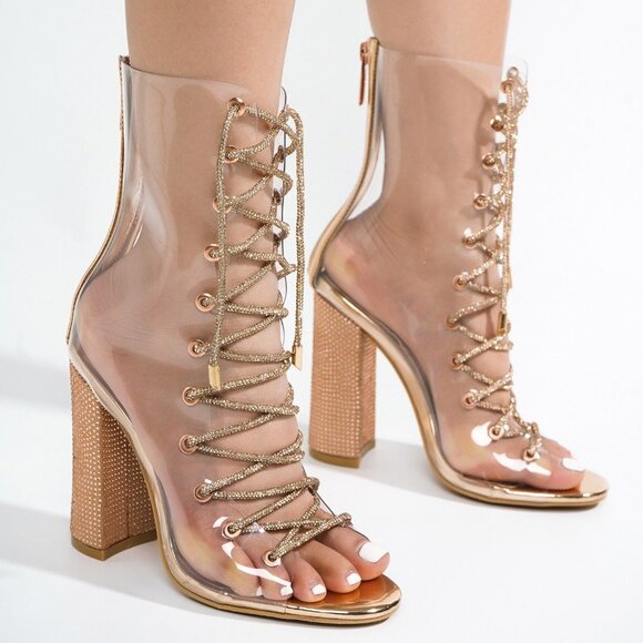 See Me Rose Gold Rhinestone Laces Heels Clear Upper Open Toe Ankle Boots NEW - Picture 5 of 13